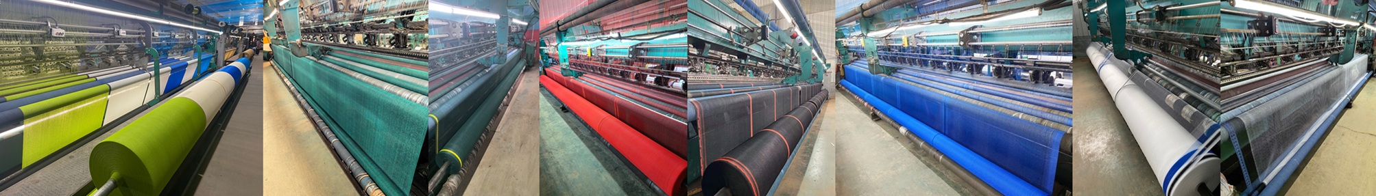 Karl Mayer warp knitting machines producing custom colored HDPE plastic netting in green blue red black and white